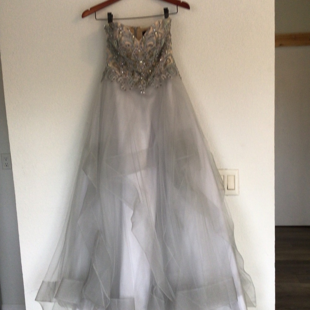 New Glamour Terani Couture Silver beaded strapless